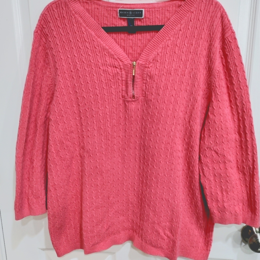 Karen Scott Woman coral 1/4 zip knit sweater 3/4 sleeve size 3XL
